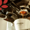 Zbliżenie na ekspres parzący kawę do białej filiżanki z nadrukiem "arabica COFFEE"; w rogu pojawia się czerwony liść. Idealny dla fanów Pakietu degustacyjnego Kawy klasyczne - doskonały dla degustatorów kawy i miłośników klasycznych smaków.